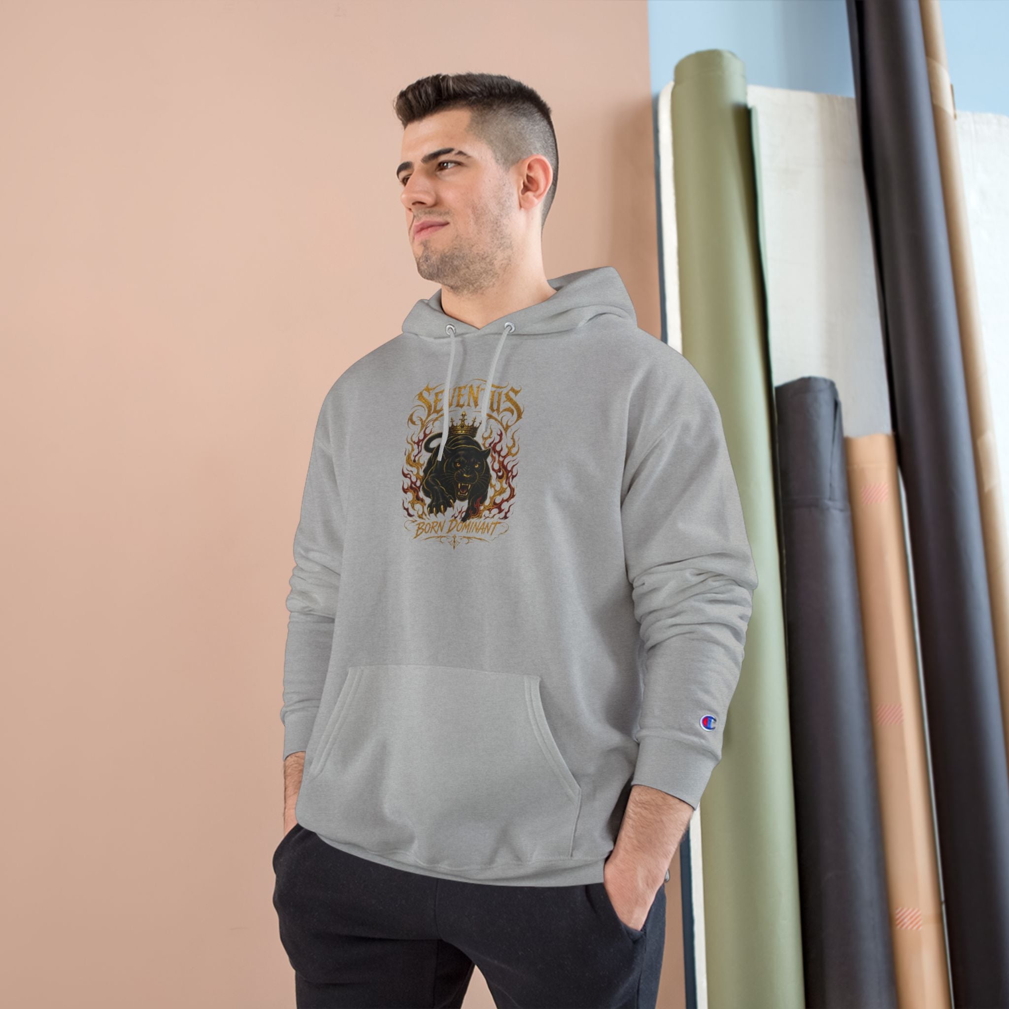 Sudadera con capucha Champion — Sudadera con gráfico de llamas vintage 'Seventus'