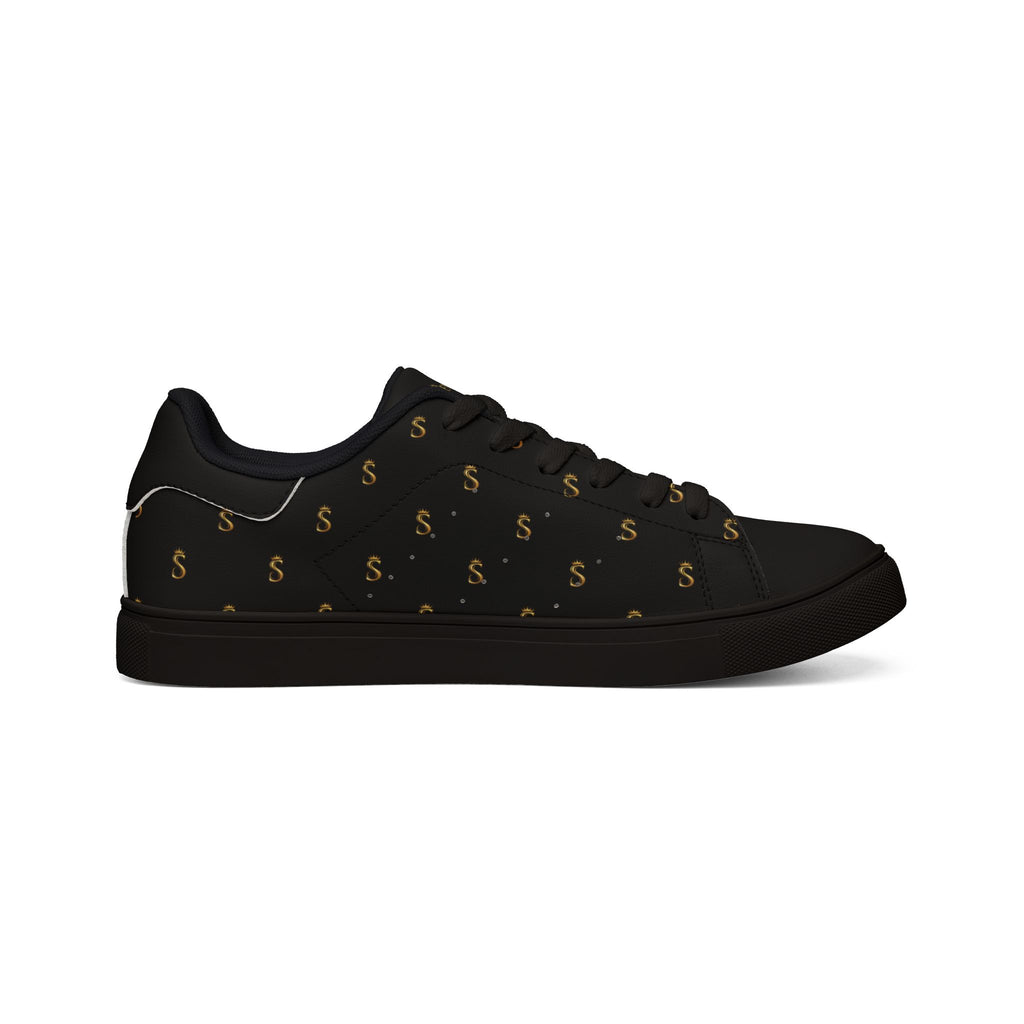 Men's Black Leather Low-Top Sneakers — Gold Seventus Accent