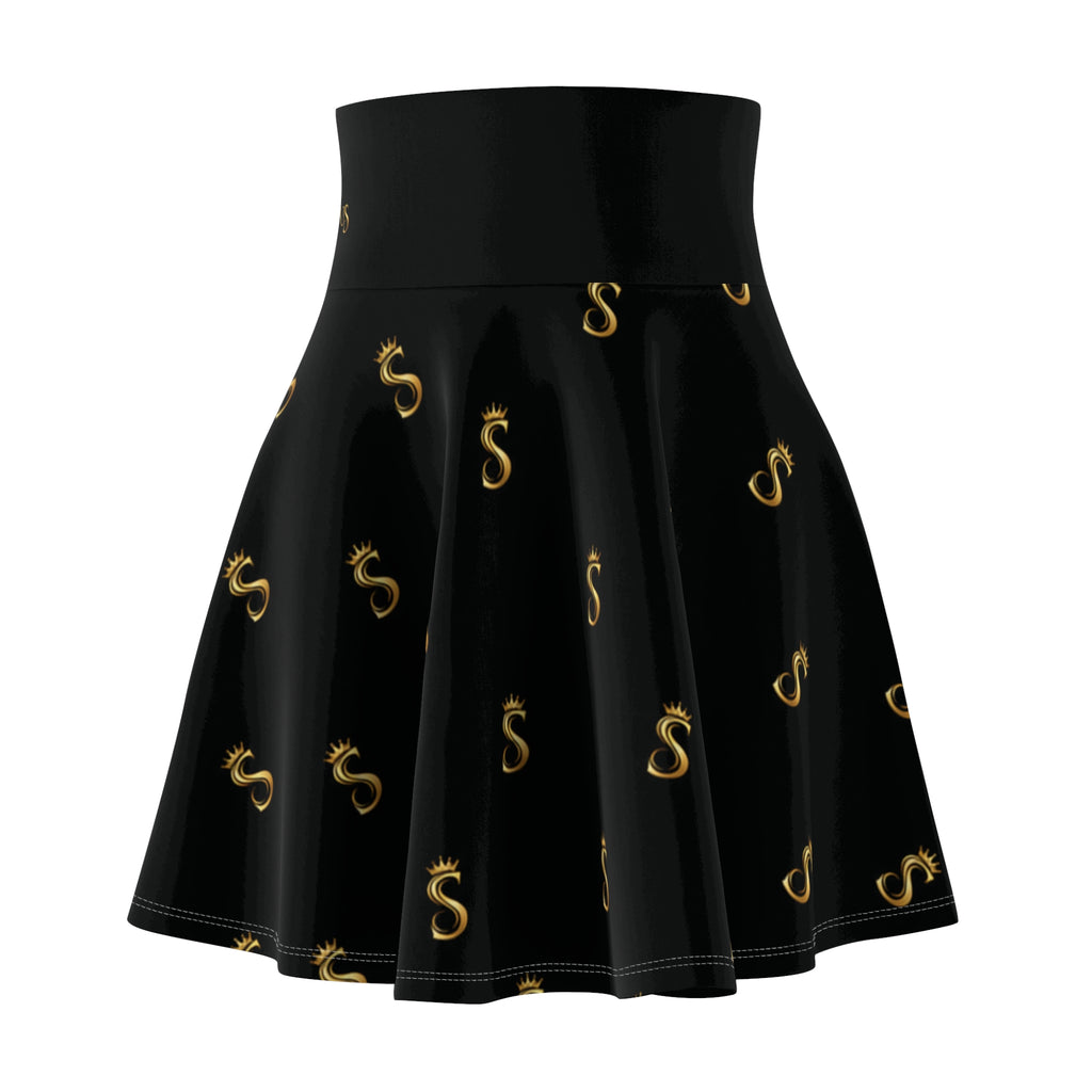 Gold S Pattern Skater Skirt — Black AOP Women’s Flared Skirt