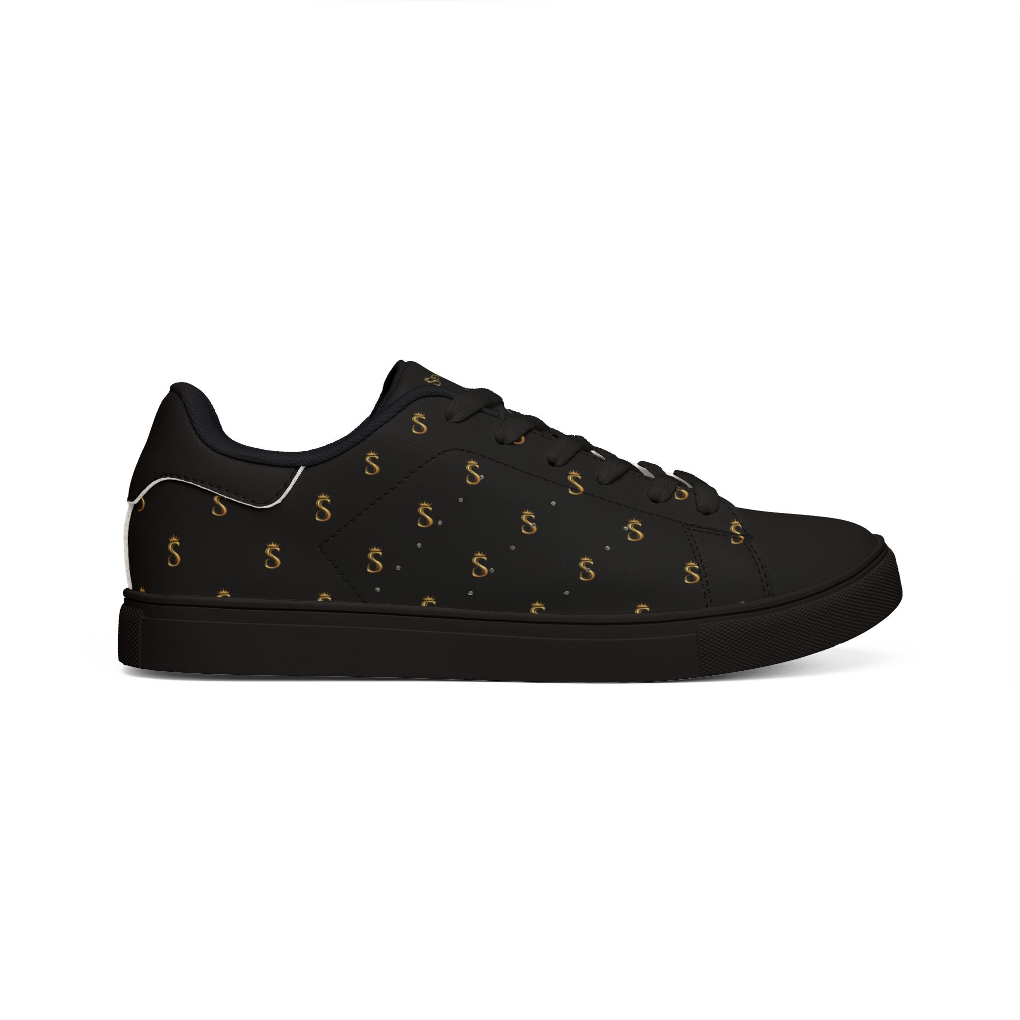 Men's Black Leather Low-Top Sneakers — Gold Seventus Accent