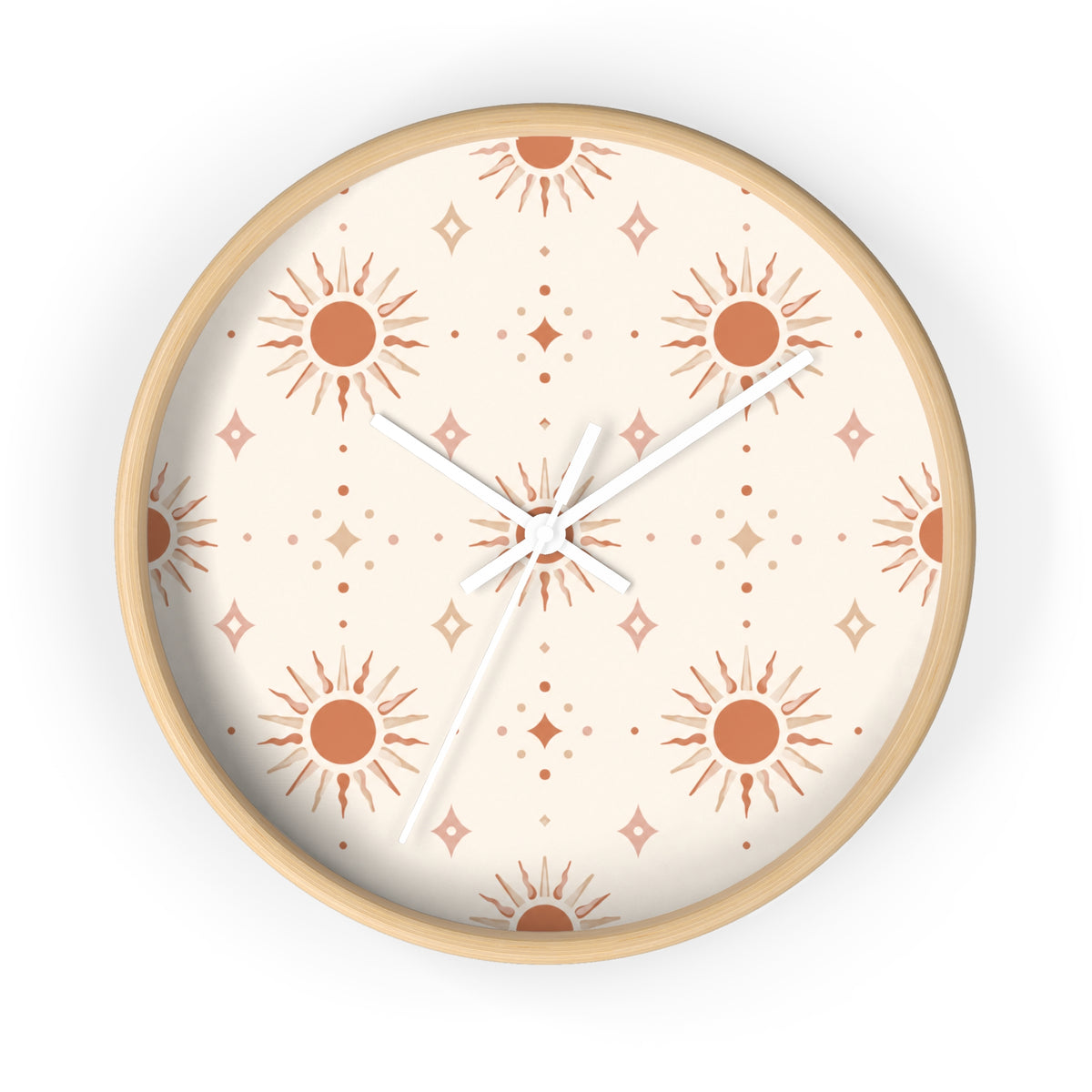 Boho Sun Pattern Wall Clock — Neutral Terracotta Sunburst Home Decor