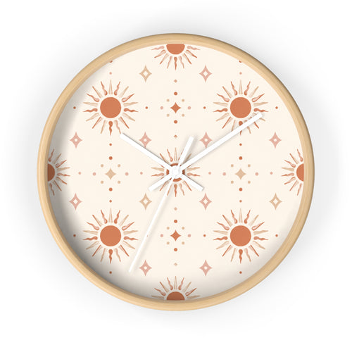 Boho Sun Pattern Wall Clock — Neutral Terracotta Sunburst Home Decor