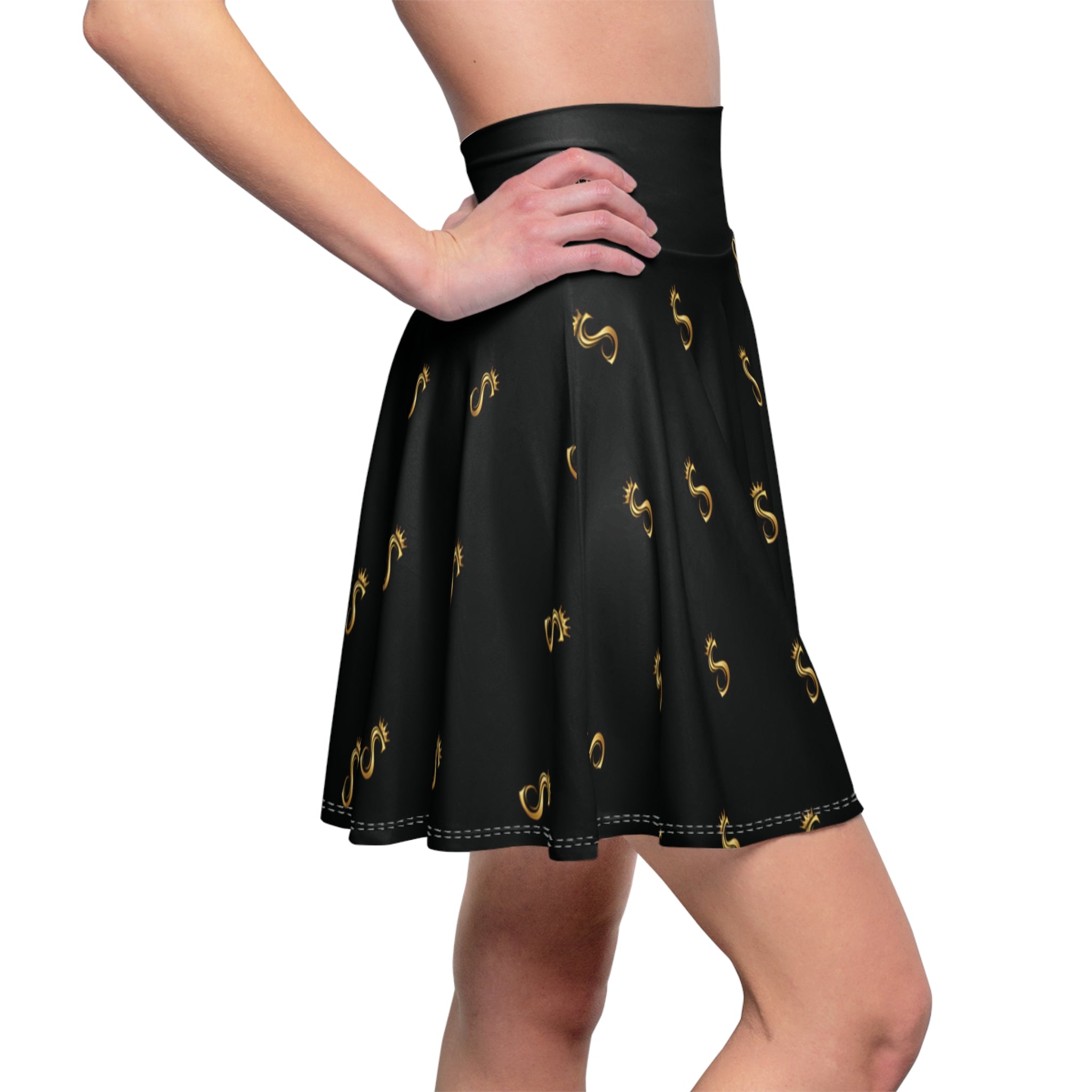 Gold S Pattern Skater Skirt — Black AOP Women’s Flared Skirt