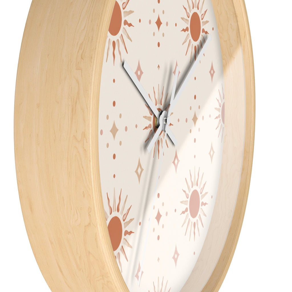 Boho Sun Pattern Wall Clock — Neutral Terracotta Sunburst Home Decor