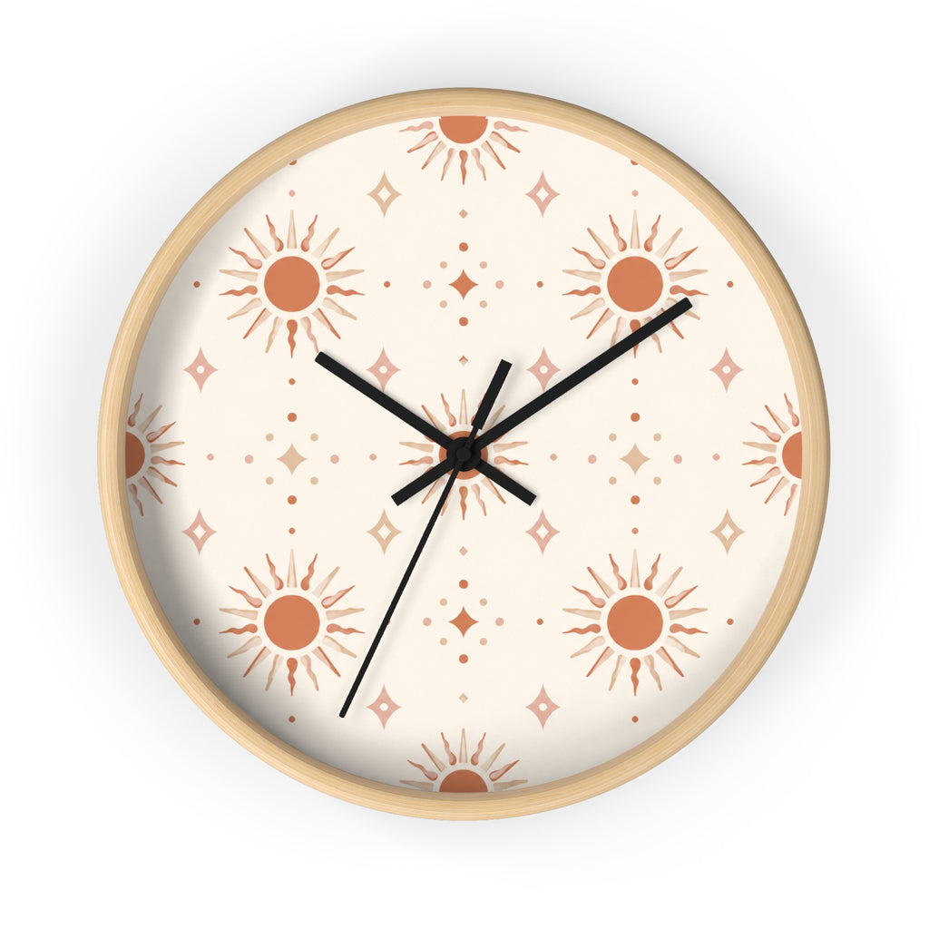 Boho Sun Pattern Wall Clock — Neutral Terracotta Sunburst Home Decor
