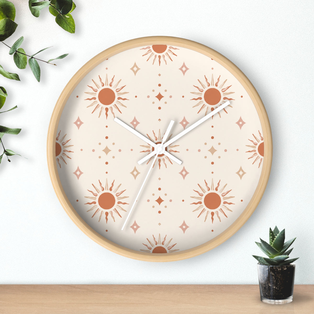 Boho Sun Pattern Wall Clock — Neutral Terracotta Sunburst Home Decor