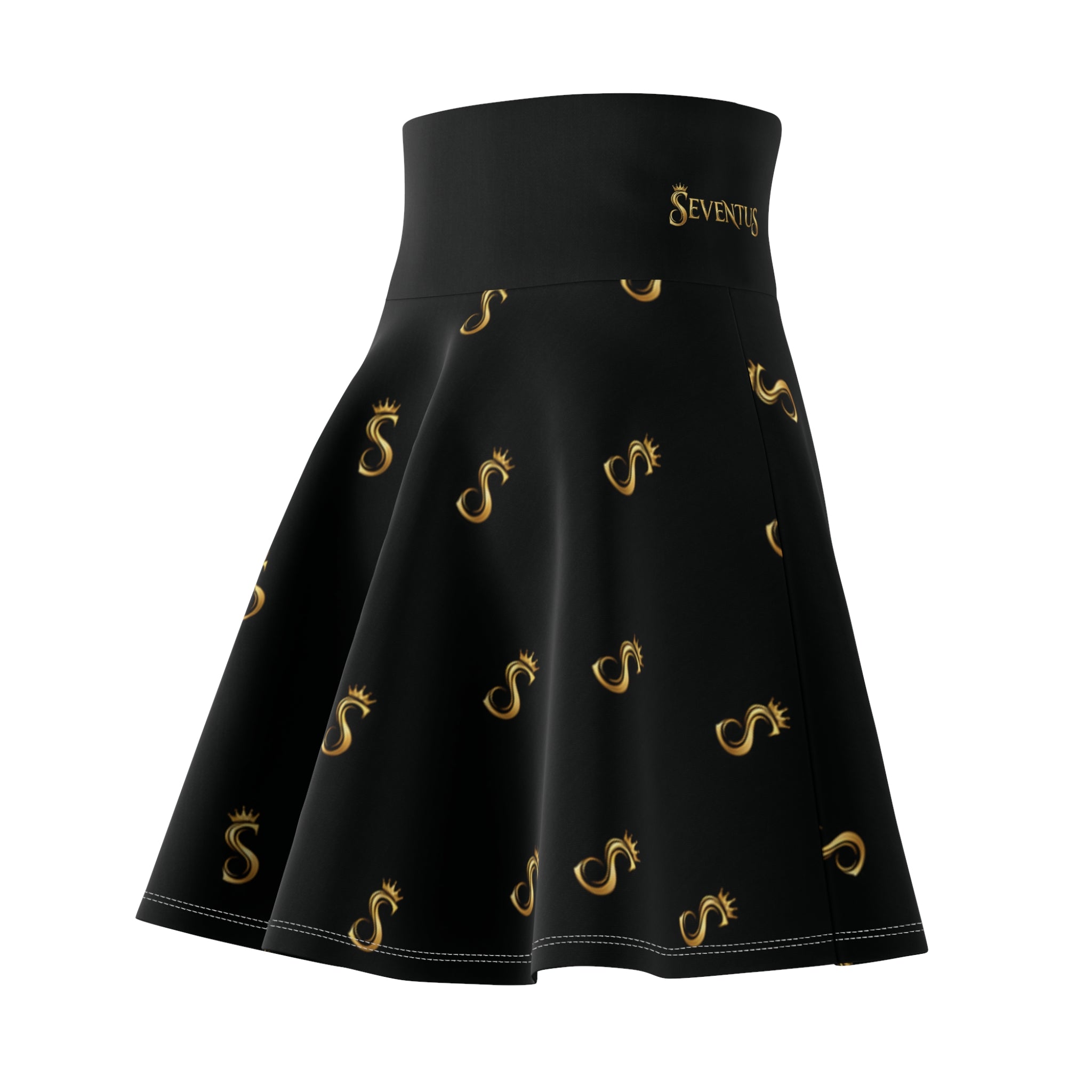 Minifalda acampanada con estampado de ondas doradas para mujer — Negro AOP