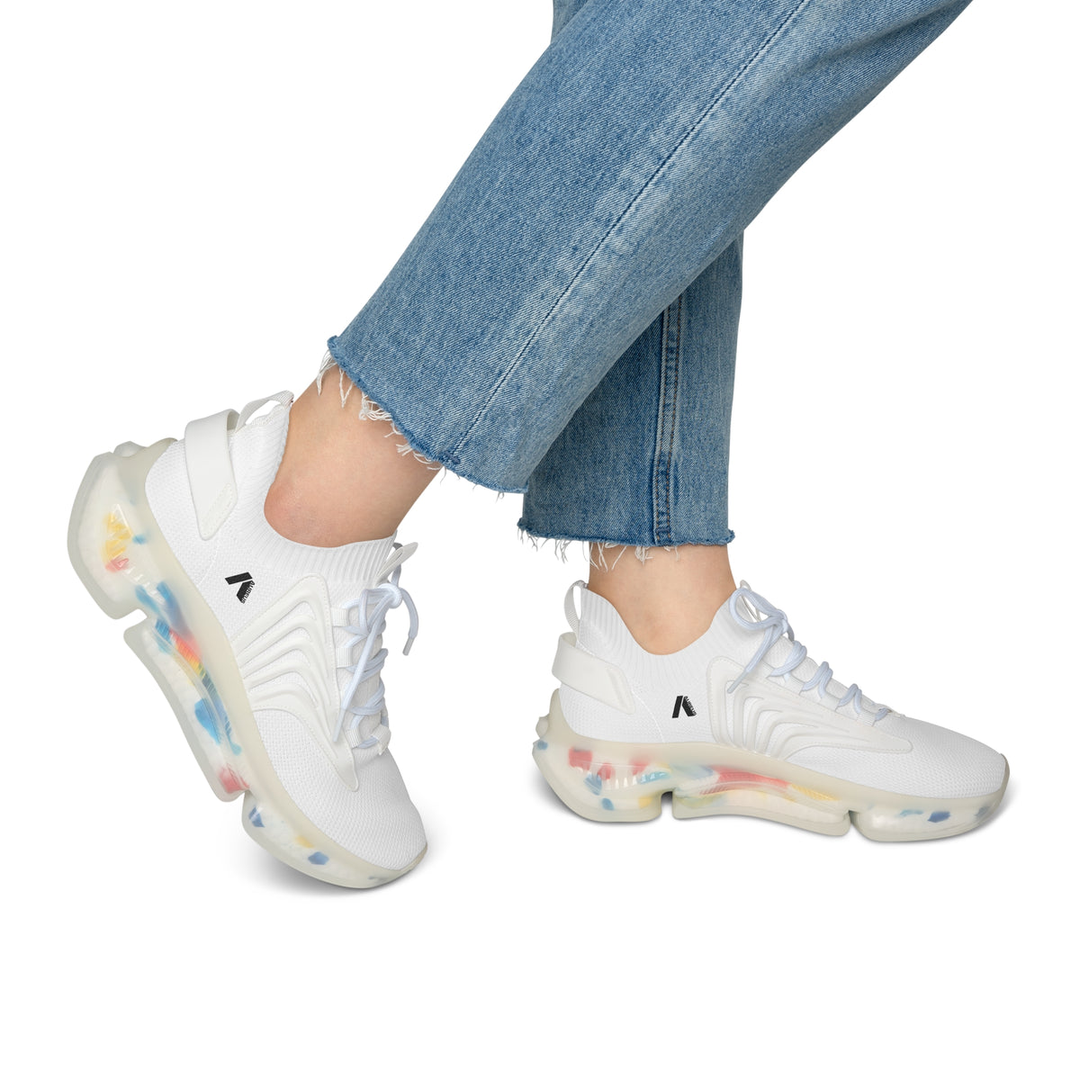 Women's White Mesh Sneakers with Color-Accent Sole