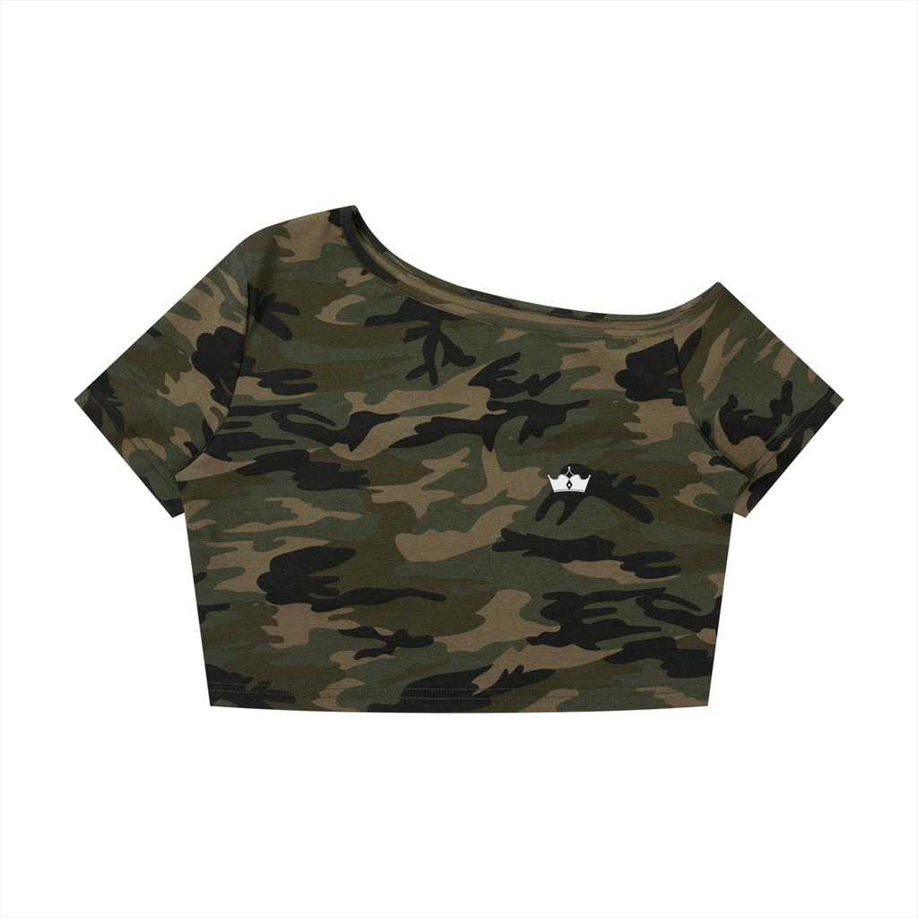 Camo Off-Shoulder Crop T-Shirt