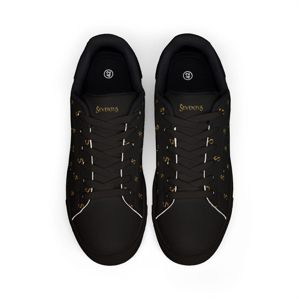 Men's Black Leather Low-Top Sneakers — Gold Seventus Accent