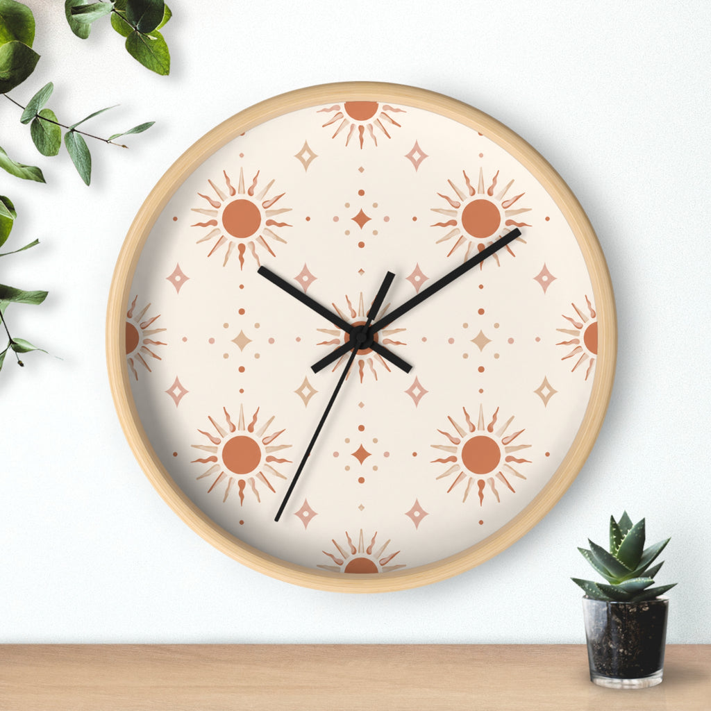 Boho Sun Pattern Wall Clock — Neutral Terracotta Sunburst Home Decor