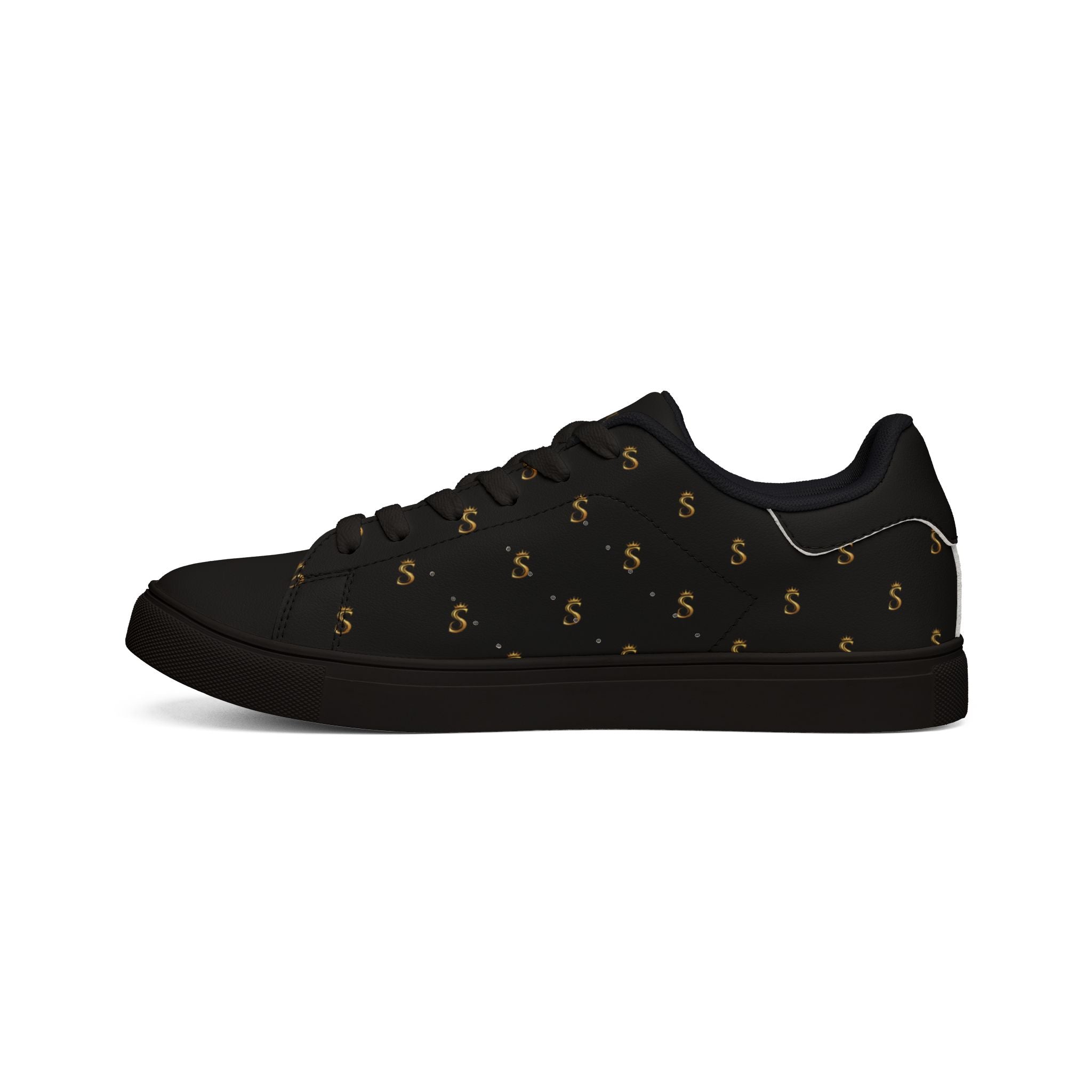 Men's Black Leather Low-Top Sneakers — Gold Seventus Accent
