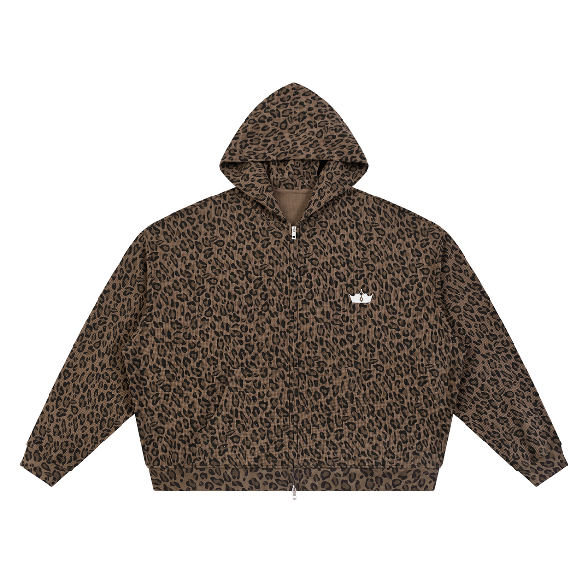 Leopard Print Waffle Full Zip Hoodie - V2