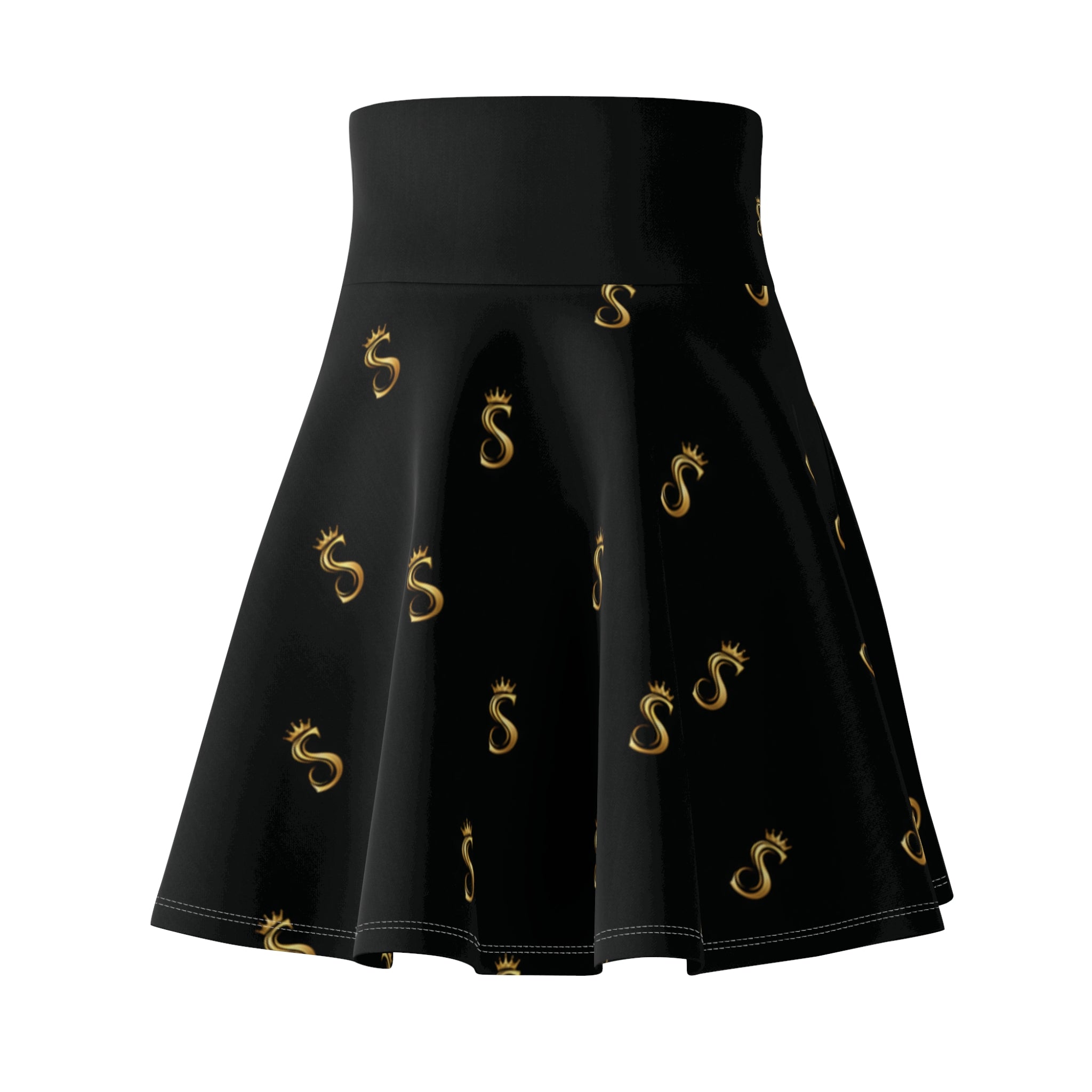 Minifalda acampanada con estampado de ondas doradas para mujer — Negro AOP