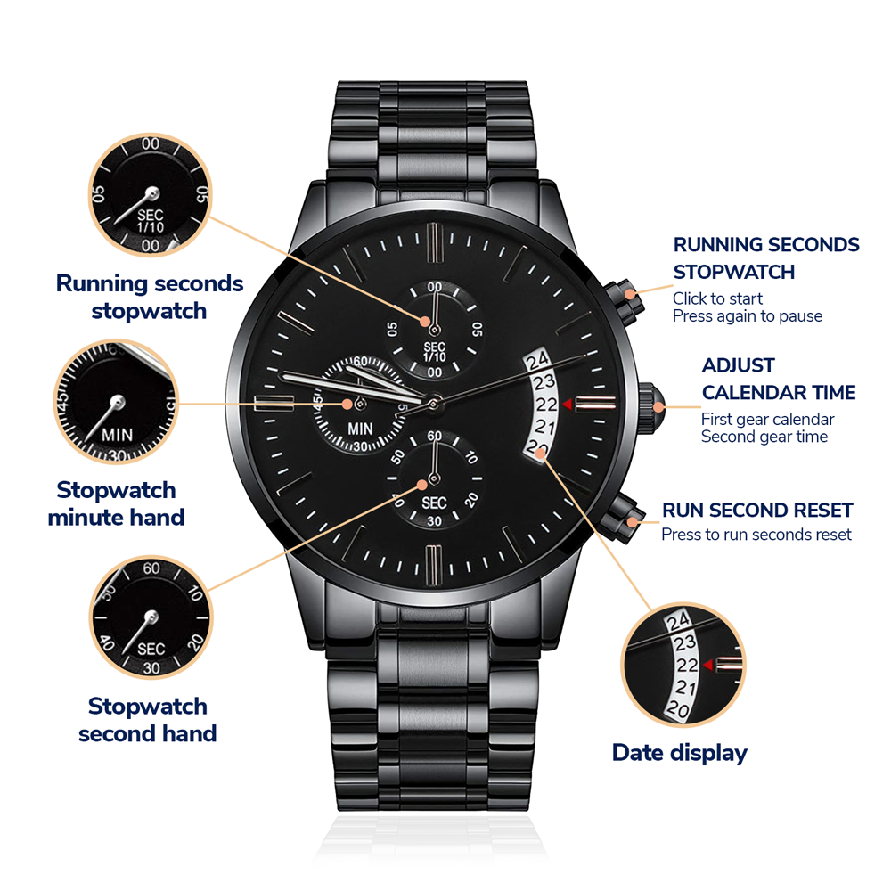 Diseño de logotipo grabado de Seventus, reloj cronógrafo negro