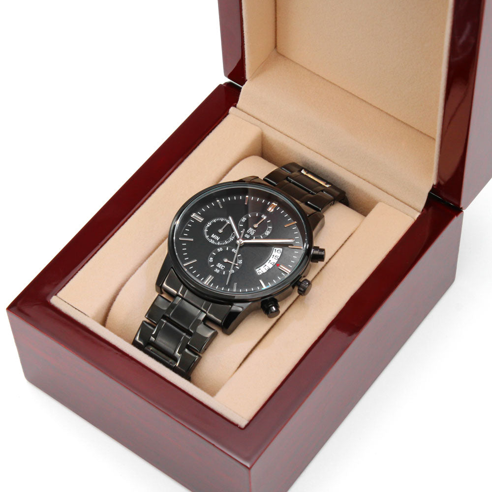 Diseño de logotipo grabado de Seventus, reloj cronógrafo negro