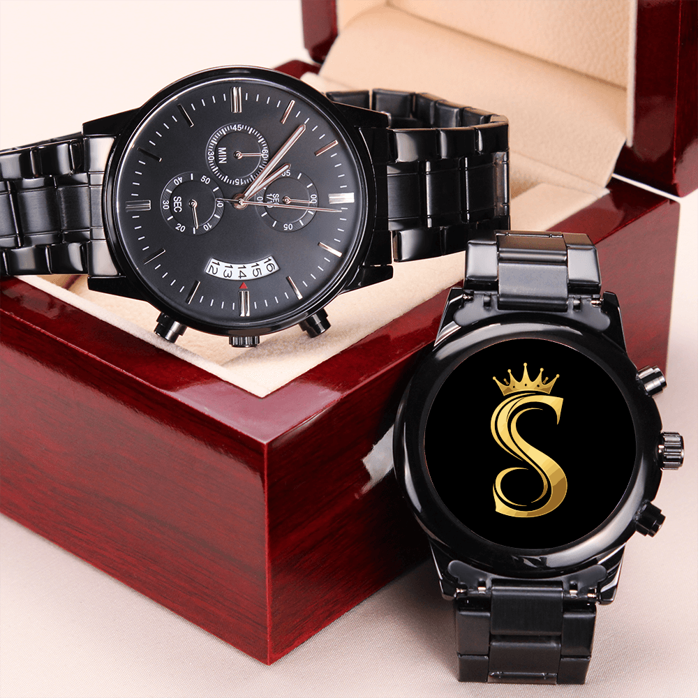 Seventus Engraved Logo Design, Black Chronograph Watch