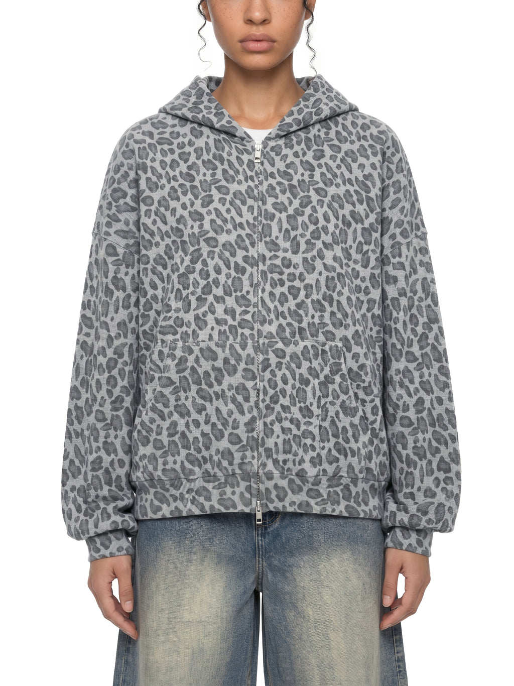 Leopard Print Waffle Full Zip Hoodie - V2