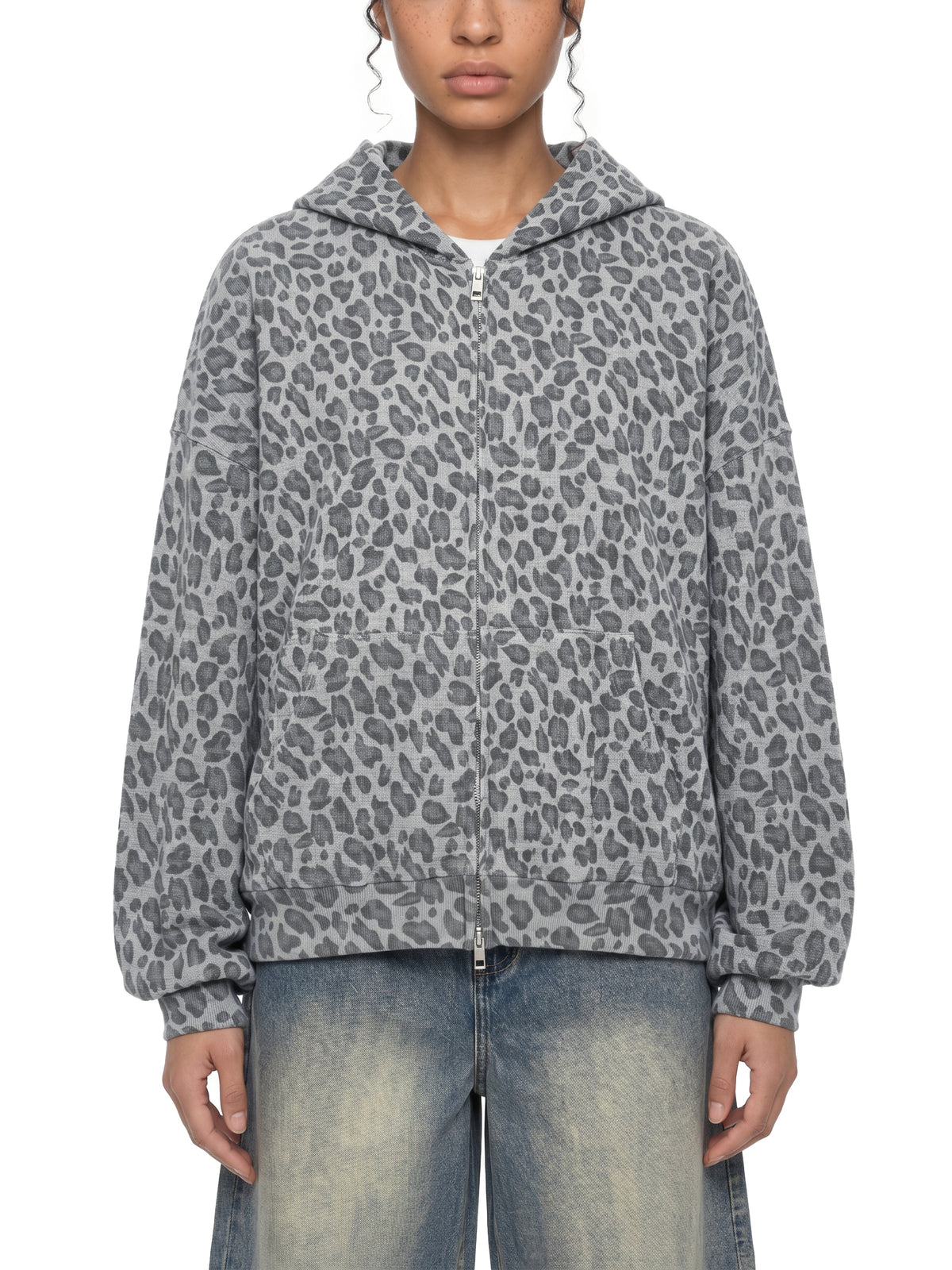 Leopard Print Waffle Full Zip Hoodie - V2