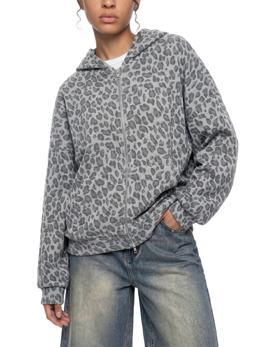 Leopard Print Waffle Full Zip Hoodie - V2