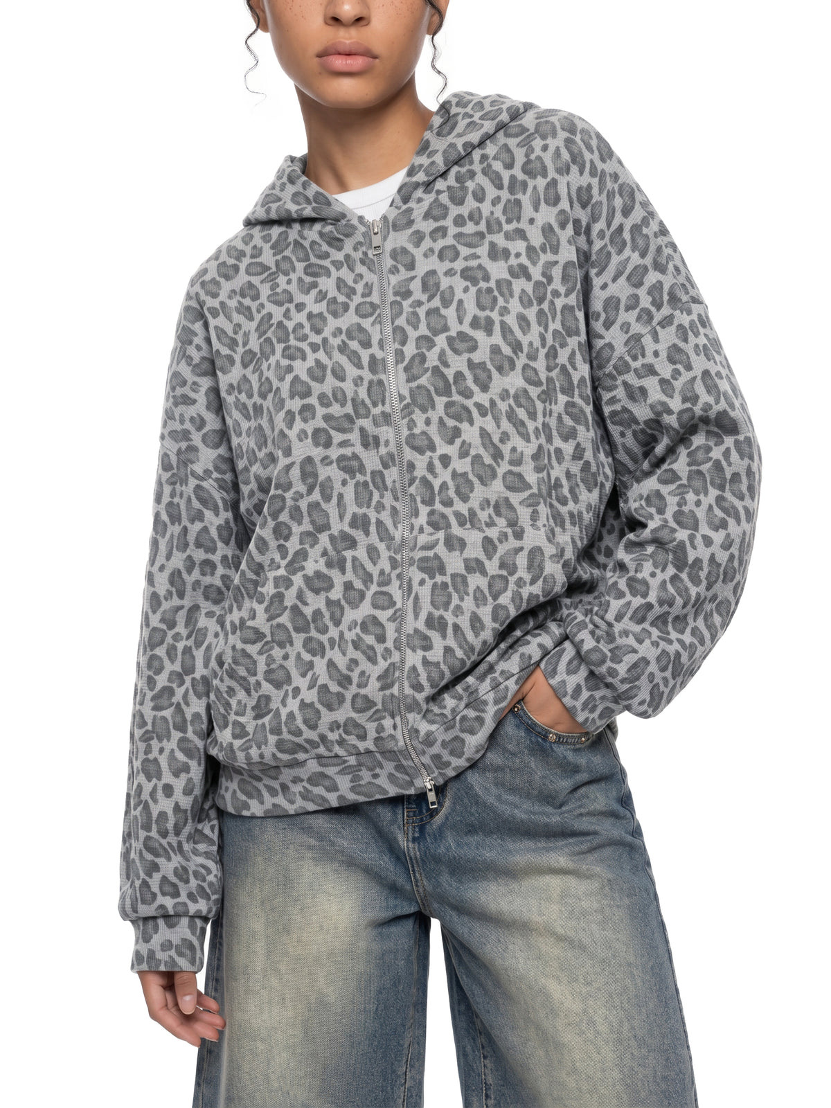 Leopard Print Waffle Full Zip Hoodie - V2
