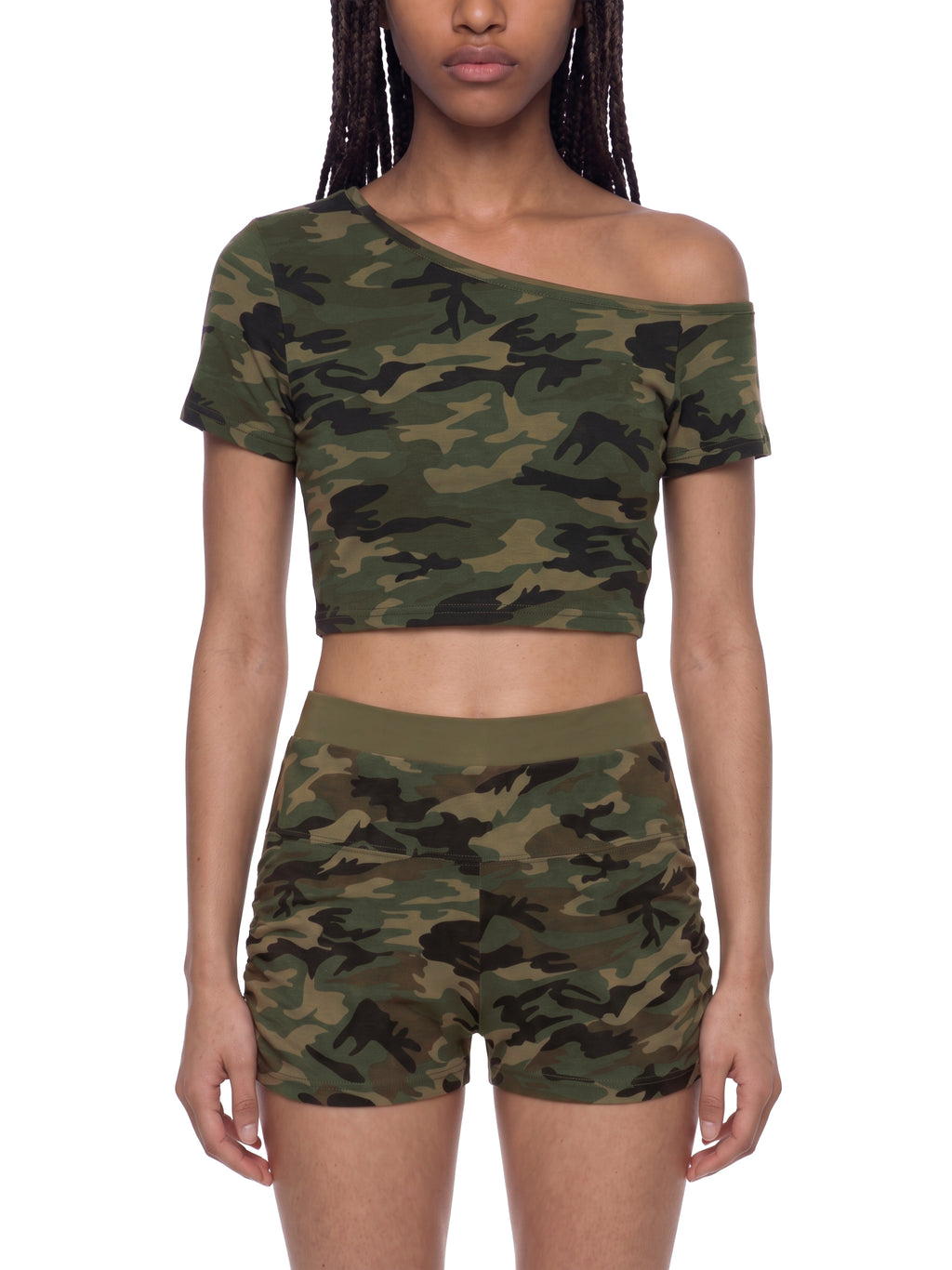 Camo Off-Shoulder Crop T-Shirt